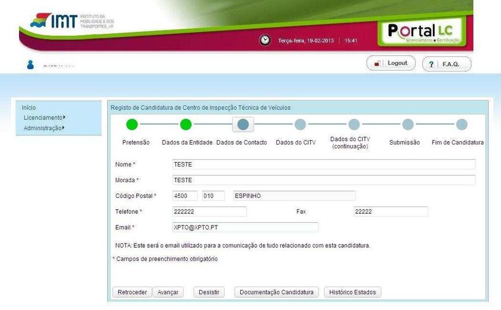 Fig. 15 - Exemplo do terceiro ecrã do formulário de candidatura (Dados de Contacto) No quarto ecrã de preenchimento do formulário de candidatura correspondente aos Dados do CITV, os dados a preencher