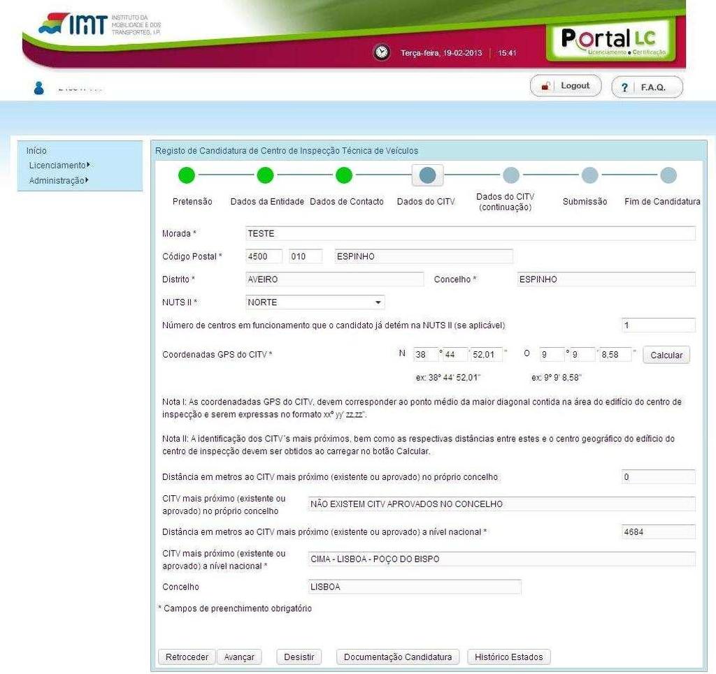 Fig. 16 - Exemplo do quatro ecrã do formulário de candidatura (Dados do CITV) No quinto ecrã de preenchimento do formulário de candidatura correspondente aos Dados do CITV (continuação), os dados a