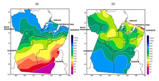 localizadas no Nordeste Paraense, apresentam seus menores índices pluviométricos na primavera (SON) Figura 03: Distribuição espacial da precipitação climatológica sazonal (média 1978-2008)