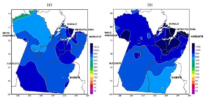 2 Período Chuvoso (Verão - DJF e Outono - MAM) A Figura 04 ilustra a distribuição espacial da precipitação climatológica sazonal nas mesorregiões do Pará, para o período chuvoso, verão (Figura 04 a)