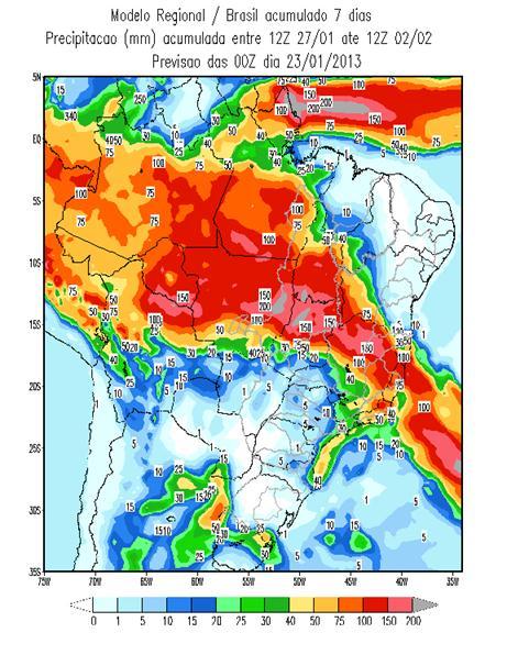 Figura 3 - Precipitação acumulada prevista pelo modelo ETA (Cptec/INPE) para o período de 27/01 a 02/02/2013 No subsistema Norte, o principal efeito que provoca o decréscimo previsto de 3,2% decorre