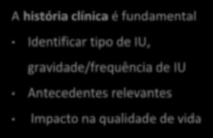 Incontinência Urinária IU de esforço A história clínica é fundamental Identificar tipo de IU,