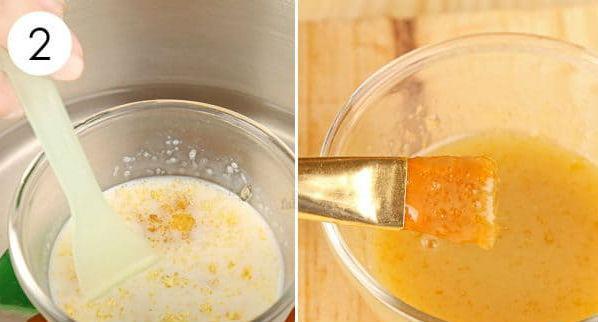 Mantenha mexendo os ingredientes à medida que a gelatina derrete lentamente e se mistura com leite e mel. Desligue o calor quando tiver uma mistura uniforme de consistência espessa. Passo 2.