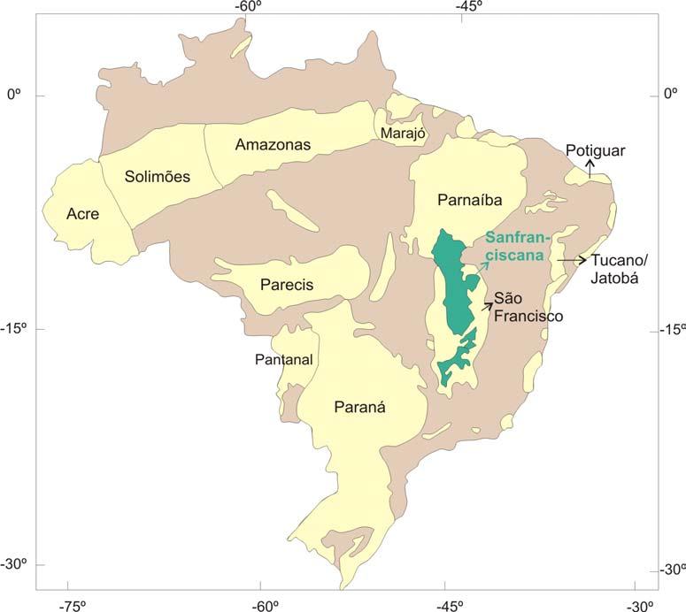 Figura 2.1. Localização das principais bacias da plataforma brasileira, destacando-se a Bacia Sanfranciscana (em verde). Baseado em Souza-Lima & Junior (2003) e CPRM (2006).