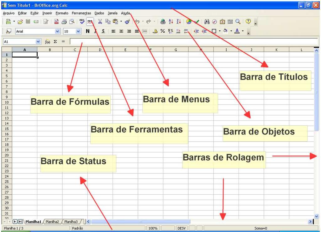 7 BrOffice Calc Áreas importantes 8 Áreas Importantes Barra de títulos Mostra o documento aberto como também as opções de minimizar, maximizar e fechar.