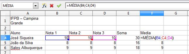 Divisão =A1/B1 Adição Média 33 34 Através da função =soma(valores), também é