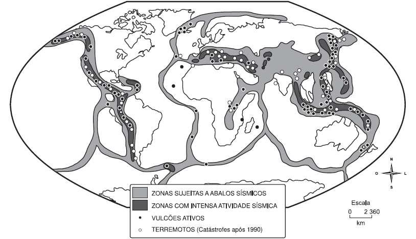 Figura 2: Mapa de Zonas Sísmicas e Vulcões. (SIMIELLI, Maria Helena. Geoatlas. São Paulo: Ática, 2000.