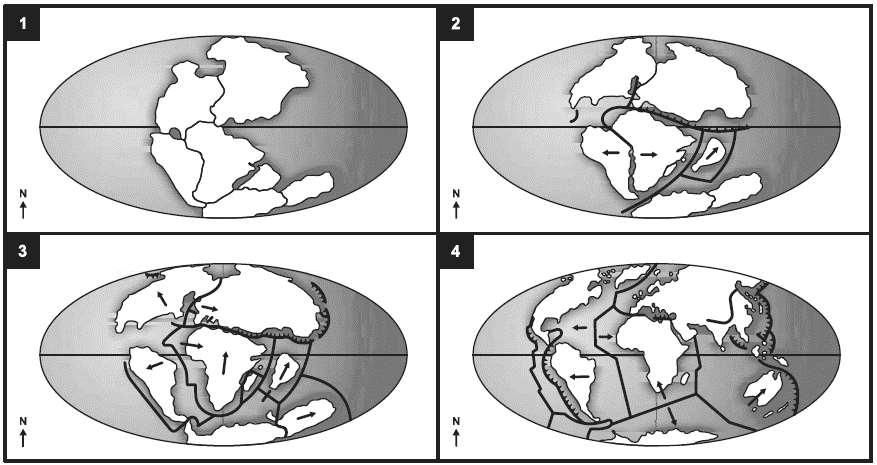 a) A sequência de imagens mostra o processo de fragmentação de um único continente, cercado por um único