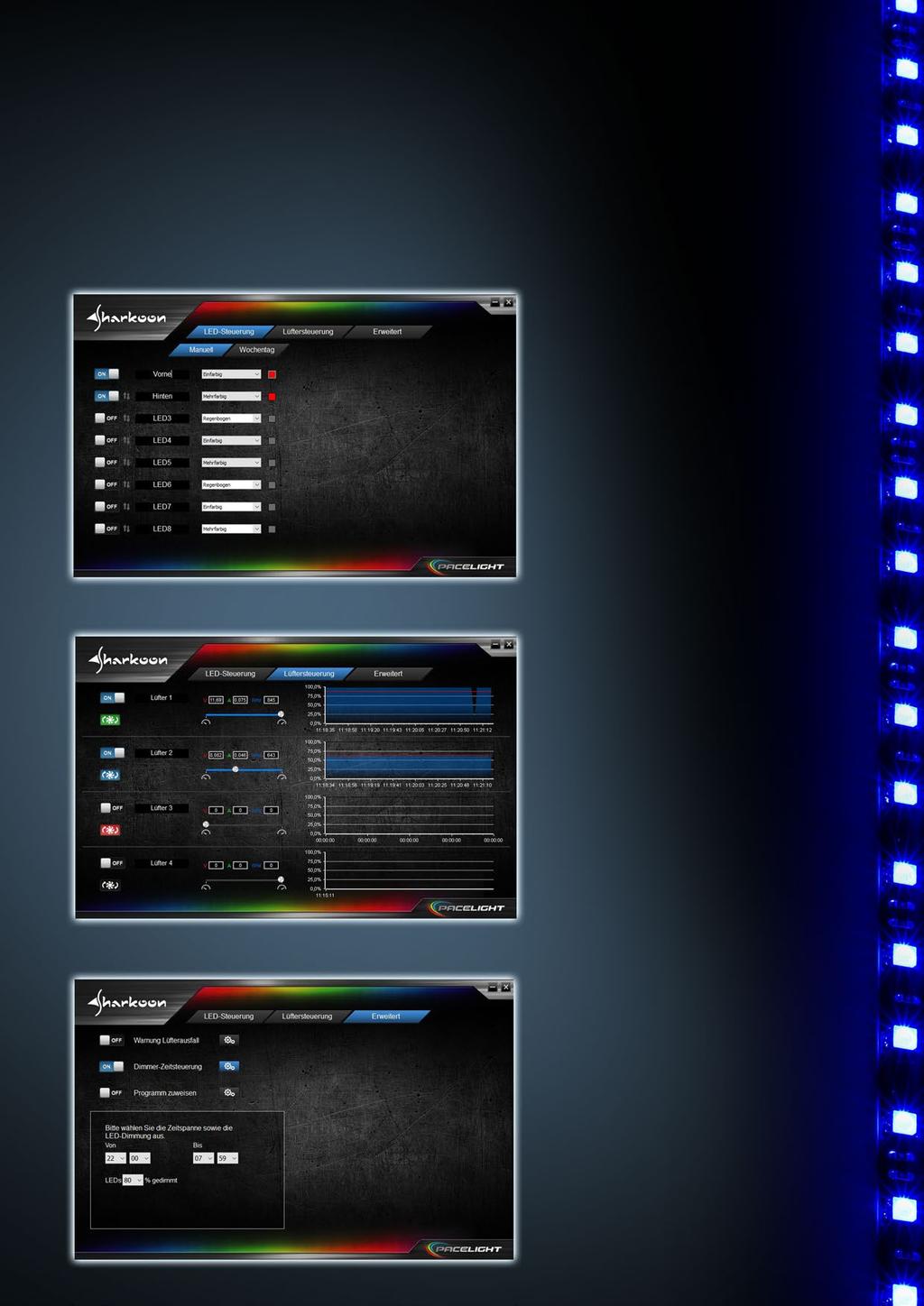 Software intuitivo de alto desempenho O software PACELIGHT fornece controle de cor e efeito separado para cada um dos até oito componentes de LED conectados.