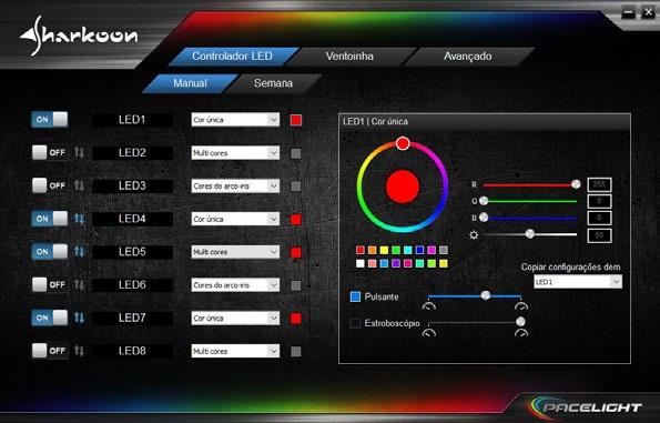 Com o controle de LED, os componentes LED conectados em cada canal podem ser ajustados e sincronizados individualmente usando diferentes modos e efeitos de iluminação.