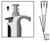 Aspire a amostra a) Pressione o botão de pipetagem até o primeiro estágio. b) Segure a pipeta verticalmente e mergulhe a ponteira aprox. 2 a 3mm no líquido.