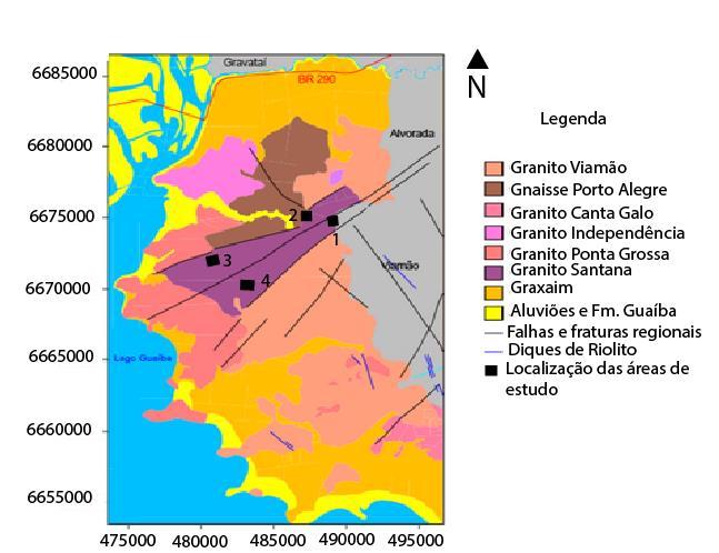 Figura 1 Geologia de Porto Alegre e localização das quatro áreas de estudo. (Modificado de Fianco et.