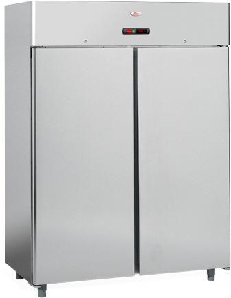 PT Estrutura monobloco em aço inox Aisi 304 com acabamento satinado; espessura de isolamento 75 mm em poliuretano de alta densidade (43 kg/m3); pés em plástico/inox reguláveis H:120-150; câmara com