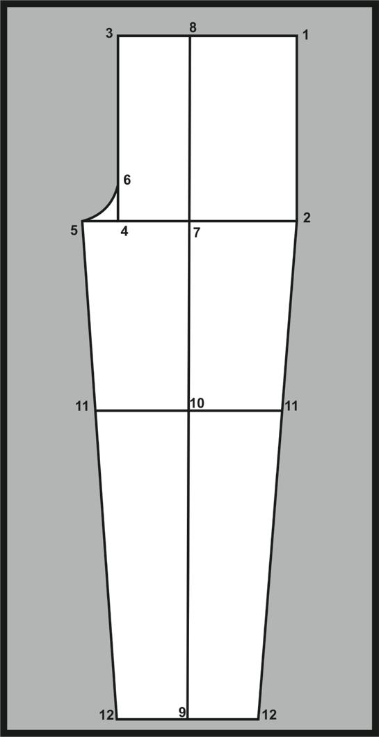 Calça do agasalho Dianteiro Trace uma reta e marque o ponto 1 1-2 Marque a altura do gancho 1-3 e 2-4 marque ¼ da medida do quadril Una os pontos 1-2-4-3-1 4 5 marque 1/16 da medida do quadril (no