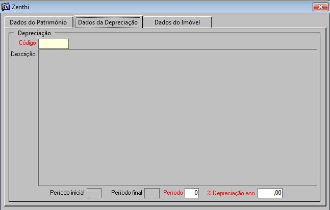 Aba Dados da Depreciação: Código: Selecionar o tipo de depreciação Descrição: Carrega automático.