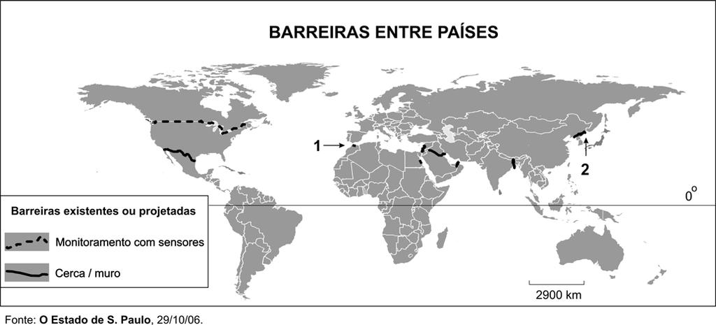 Q. O mapa acima representa a distribuição, pelo mundo, das principais barreiras entre países.