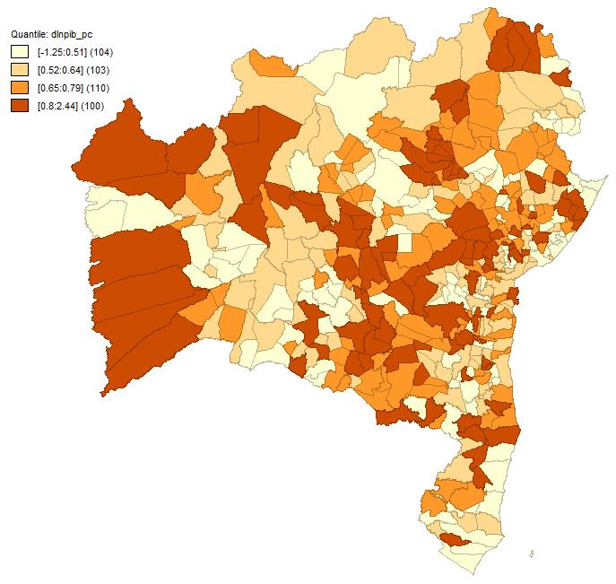 Figura 9 Distribuição Espacial do PIB per capita da Bahia em 1999 (Mapa construído no Software GEODA com os dados do IBGE) Figura 10 Distribuição Espacial da Variação do PIB per capita da Bahia entre