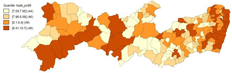 A figura indica, como no caso da Bahia, municípios ricos cercados por municípios ricos (regiões High-High, representadas em vermelho) e municípios pobres cercados por pobres (regiões High-High,