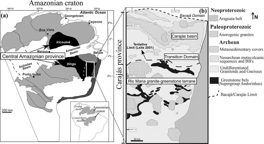 E greenstone belts do Supergrupo Andorinhas (Souza, 1994). Granitos tipo-a paleoproterozoicos (Dall Agnol & Oliveira 2007).