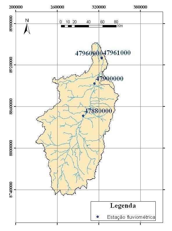Figura 2: Mapa de localização das estações fluviométricas registradas na bacia de estudo MATERIAL E MÉTODOS A metodologia adotada contempla as seguintes etapas: (i) levantamento e tratamento de dados