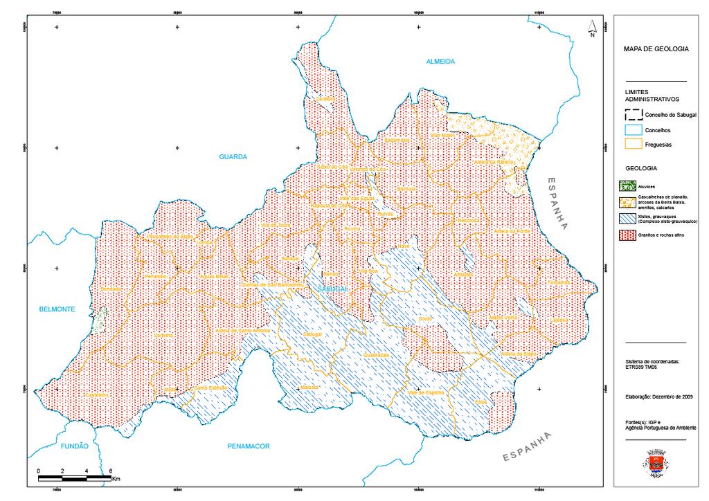 2.5 Geologia Figure 6 - Mapa da designação Litológica do Concelho do Sabugal Do ponto de vista geológico o Concelho é constituído por terrenos graníticos e xistosos.