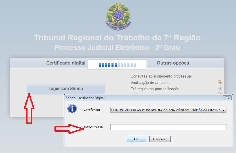 TRIBUNAL REGIONAL DO TRABALHO 7ª REGIÃO 8 Parabéns, seu Shodo foi configurado corretamente! Agora você pode fechar esta aba do Firefox e voltar ao PJe-JT.