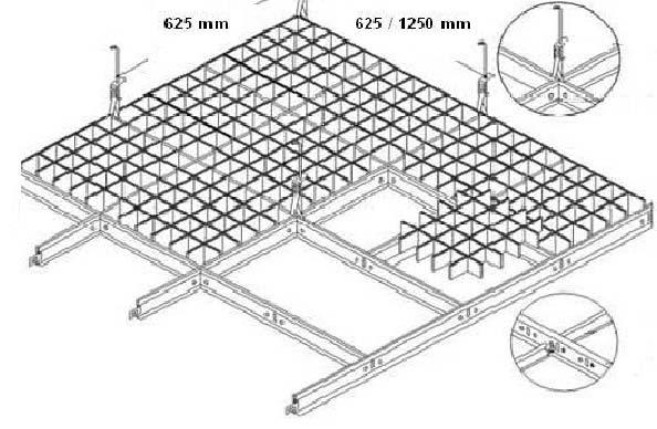 Especificações Alumínio pré - pintado Módulos de 620 x 620 mm Modulação 625 x 625