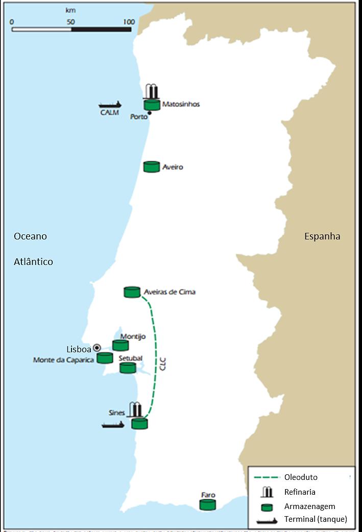 Figura 5. Principais infraestruturas logísticas de combustíveis líquidos em Portugal Continental Fonte: Adaptação da Figura 8.5 em IEA (2016) Energy Policies for IEA Countries, Portugal. 20.