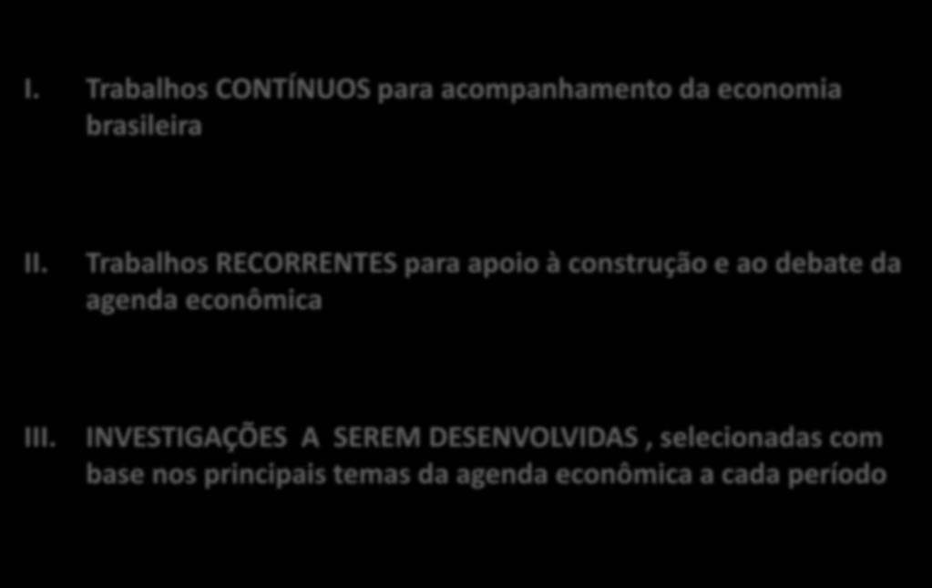 Frentes de atuação I. Trabalhos CONTÍNUOS para acompanhamento da economia brasileira II.