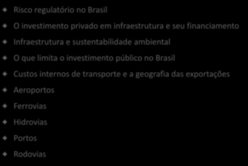 Gargalos e soluções na infraestrutura de transportes Risco regulatório no Brasil O investimento privado em infraestrutura e seu financiamento Infraestrutura e