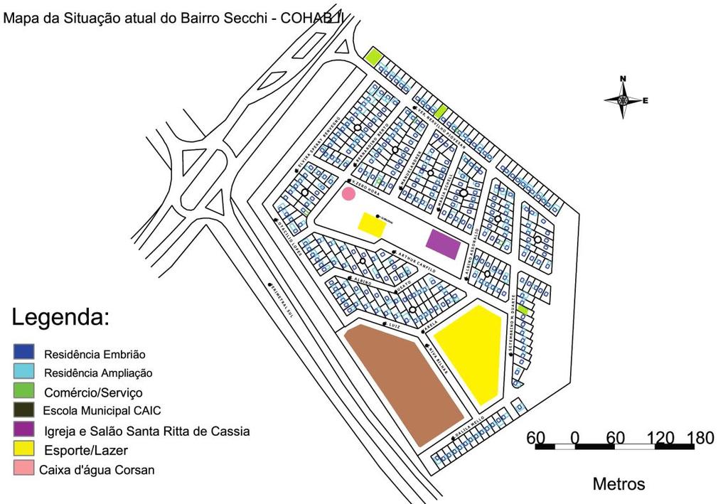 Figura 06: Mapa da COHAB II - Situação atual das residências e equipamentos urbanos (2013). Fonte: Autoras, 2013.