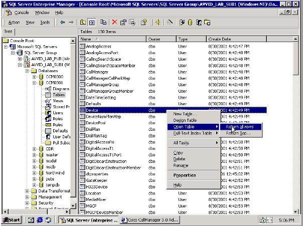 3. Vá para o SQL Enterprise Manager, expanda o assinante de SQL em questão e verifique a tabela do banco de