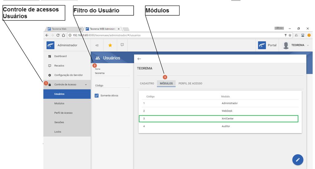 Usuário no Módulo Administrador Web.