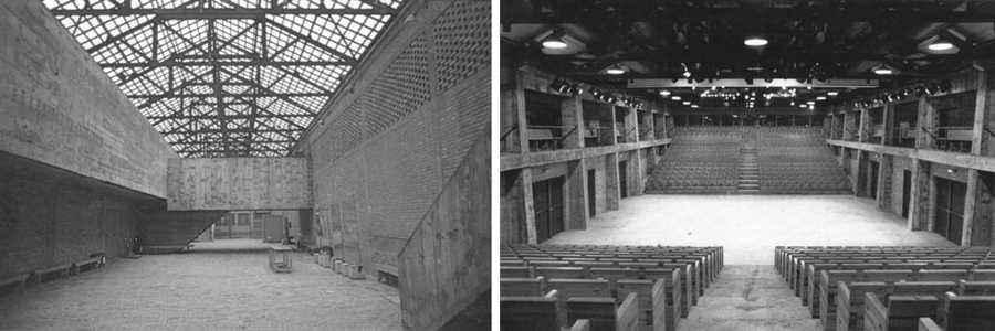 [11] Corte transversal do teatro. Fonte: VAINER e FERRAZ, 1996, p. 60. [12] Foyer e interior do teatro.