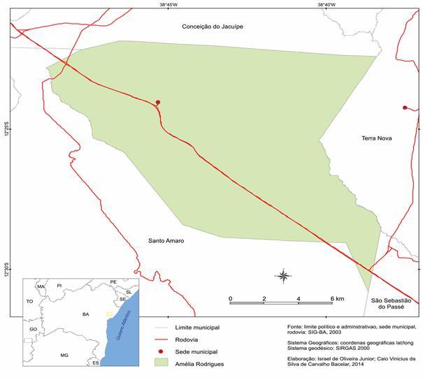 Figura 1 Localização do município de Amélia Rodrigues-BA As unidades geomorfológicas predominantes são constituídas por formas de dissecação e aplanamento embutidos e os tabuleiros interioranos.