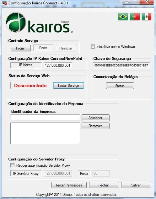 5. Configurando o software Kairos Connect Ao acessar o software Kairos Connect, será apresentada a tela: Esta tela será utilizada para configurar software Kairos Connect e efetuar o controle do