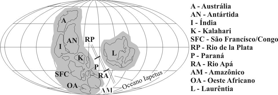 28 2006, Figura 16). Sendo assim, as medidas de paleocorrentes obtidas na etapa de campo estão invertidas. Figura 16. Paleogeografia do Neoproterozóico com a disposição dos principais blocos continentais.