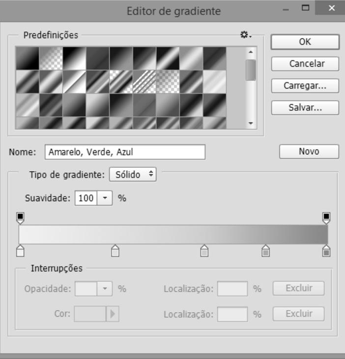 Um degrade é uma transição gradual entre uma ou mais cores. No Photoshop, é possível controlar o tipo de transição, utilizando a ferramenta Gradient Tool.