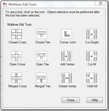Edição dos cruzamentos das Multilines: Digite: mledit >> Enter O quadro ao lado mostra as opções da edição das Multilines. Basta escolher uma opção com um clique no ícone.