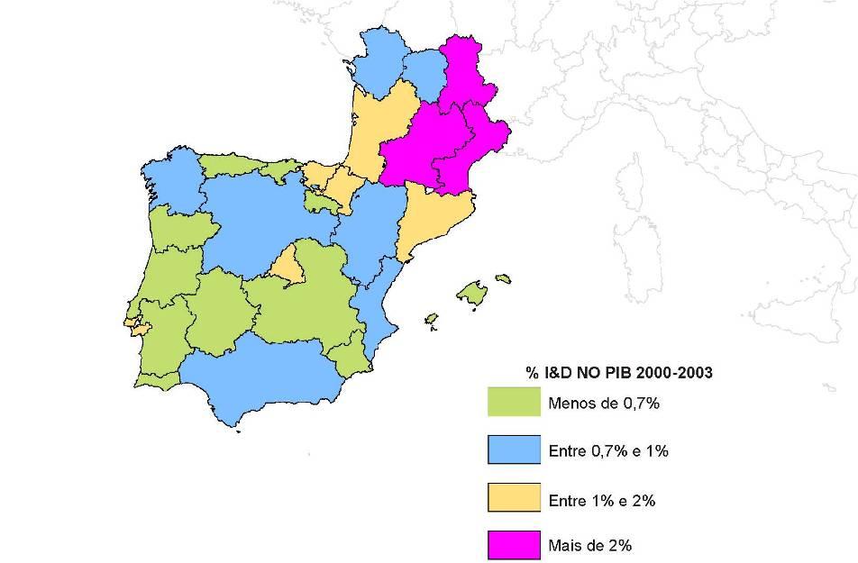 Dentro deste nível geral, existe uma grande heterogeneidade de resultados, dado que, enquanto que a média das regiões espanholas se situa em 1,1% e a de Portugal em 0,7%, as regiões do SUDOE francês