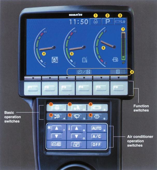 ESCAVADEIRAS HIDRÁULICAS PC240LC-8 Novo e grande monitor TFT EMMS (Sistema de Manutenção e de Monitoração do Equipamento) O EMMS é um sistema altamente sofisticado que controla e monitoriza todas as