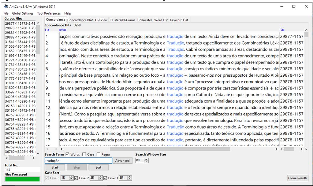 Figura 5: Linha de concordância do termo Tradução Fonte: Corpora comparáveis da área da Terminologia A linha de concordância mostra a palavra no centro e seu contexto ao redor.