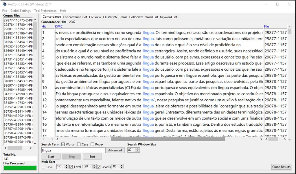 Figura 7: Linha de concordância do item lexical língua Fonte: Corpora comparáveis da área da Terminologia A frequência do uso do termo língua está diretamente relacionada ao objeto de estudo da