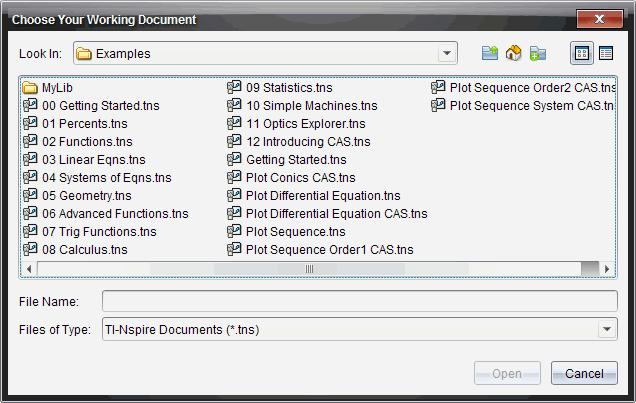 3. Navegue até à pasta onde o documento TI-Nspire está guardado: Clique em no campo Procurar em: para utilizar um browser de ficheiros para localizar uma pasta.