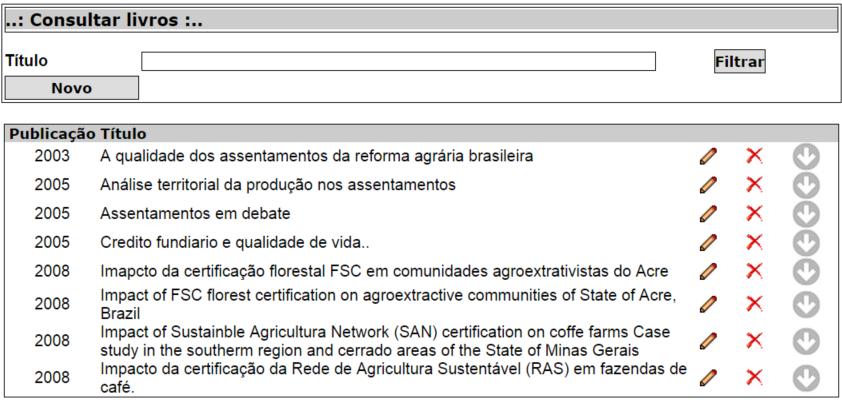 Note que a lista de livros publicados aparece vazia e com a seguinte instrução: Clique no botão filtrar para visualização, solução necessária para evitar consultas desnecessárias à base de dados.