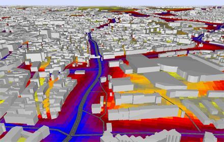 RUÍDO AMBIENTAL Visualização em 3D do mapeamento de ruído no software CadnaA. Fonte: http://www.