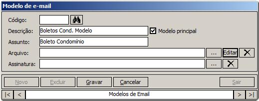 6- O próximo passo será configurar o modelo de e-mail para envio dos boletos. 7- Clique em Cadastrar modelo de e-mail. 8- Clique em Novo e informe os dados.