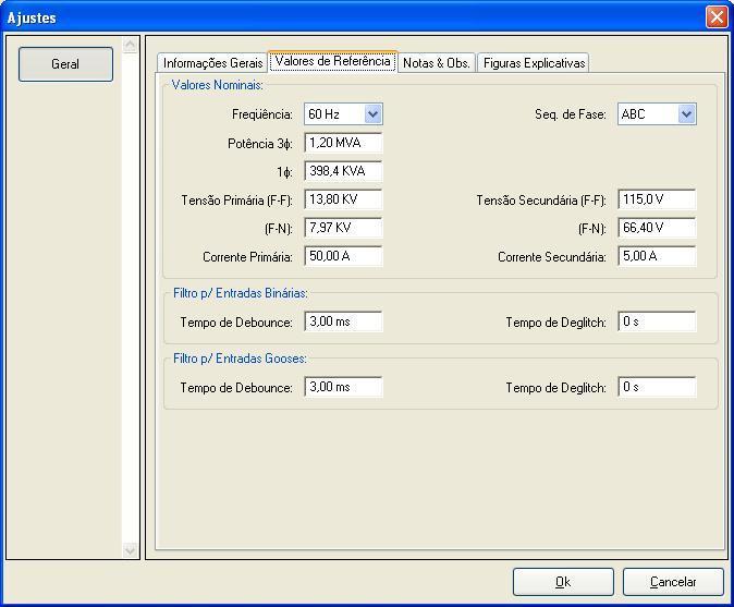 4.3 Valores de Referência INSTRUMENTOS PARA TESTES ELÉTRICOS Na tela abaixo são ajustados os valores de frequência, sequência de fase, tensões primárias e secundárias, as correntes primárias e