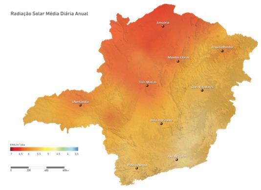 39 Figura 23 - Radiação Solar Média Diária Anual. Fonte: Figura extraída de (ATLAS SOLARIMÉTRICO DE MINAS GERAIS, 2016).