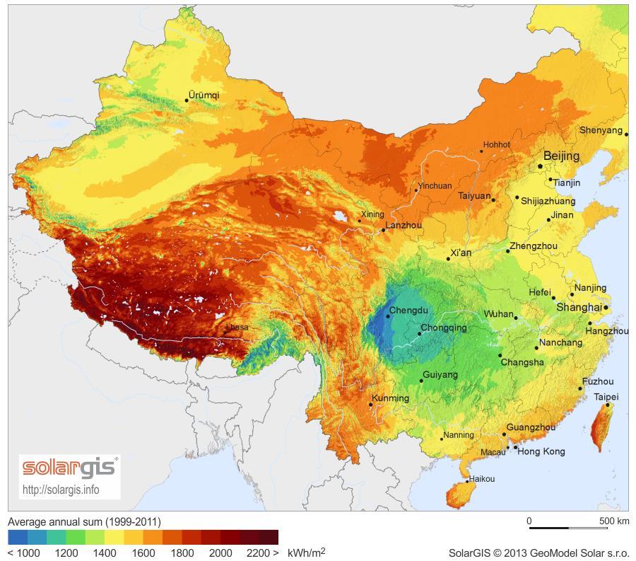42 Figura 25 - Irradiação solar da China. Fonte: Figura extraída de (http://solargis.